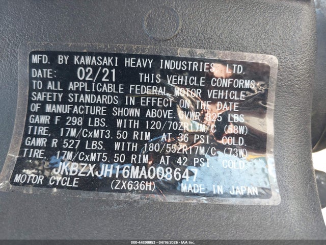 44890053 :رقم المزاد ، JKBZXJH16MA008647 vin ، 2021 Kawasaki Zx636 K مزاد بيع