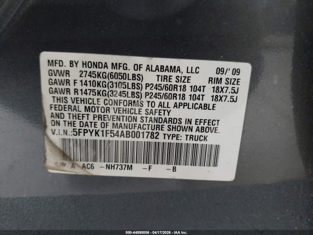 Aukcja sprzedaży 2010 Honda Ridgeline Rtl, vin: 5FPYK1F54AB001782, numer aukcji: 44890056