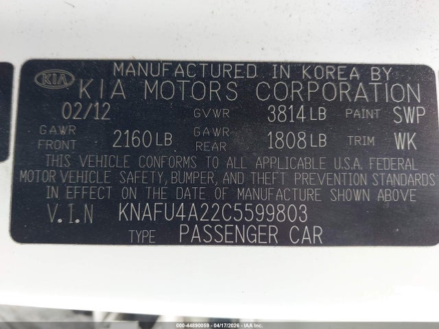 Auction sale of the 2012 Kia Forte Ex, vin: KNAFU4A22C5599803, lot number: 44890059