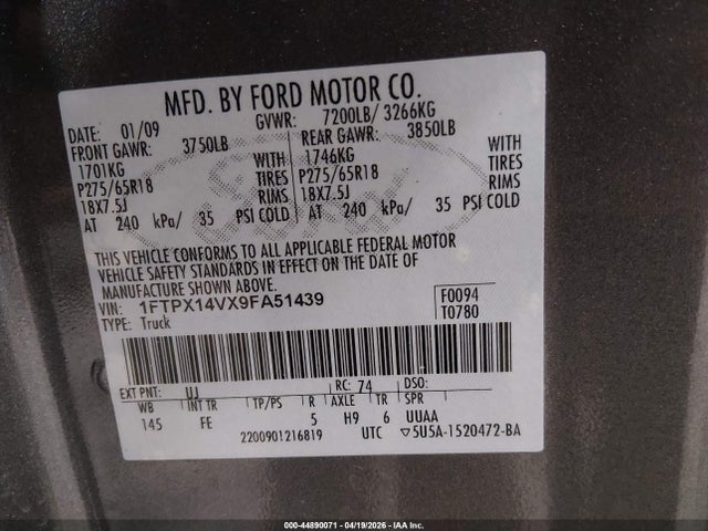 2009 Ford F-150 Fx4/lariat/xl/xlt მანქანა იყიდება აუქციონზე, vin: 1FTPX14VX9FA51439, აუქციონის ნომერი: 44890071