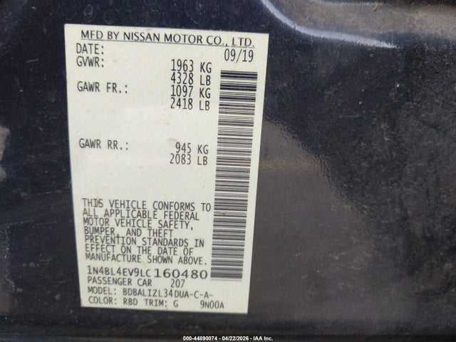 Aukcja sprzedaży 2020 Nissan Altima Sl Fwd, vin: 1N4BL4EV9LC160480, numer aukcji: 44890074