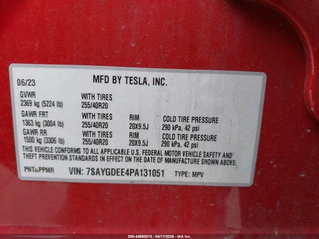 44890075 :رقم المزاد ، 7SAYGDEE4PA131051 vin ، 2023 Tesla Model Y Awd/long Range Dual Motor All-wheel Drive مزاد بيع