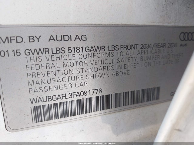 44890081 :رقم المزاد ، WAUBGAFL3FA091776 vin ، 2015 Audi S4 3.0t Premium Plus مزاد بيع