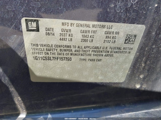 2015 Chevrolet Malibu 1lt მანქანა იყიდება აუქციონზე, vin: 1G11C5SL7FF157393, აუქციონის ნომერი: 44890097