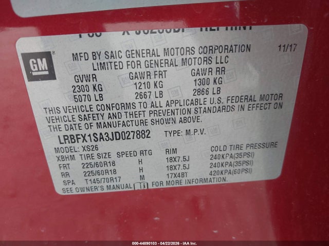 44890103 :رقم المزاد ، LRBFX1SA3JD027882 vin ، 2018 Buick Envision Essence مزاد بيع