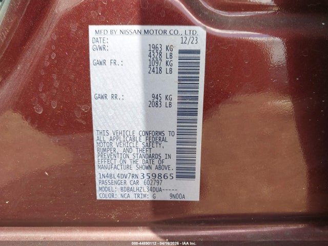 Aukcja sprzedaży 2024 Nissan Altima Sv Fwd, vin: 1N4BL4DV7RN359865, numer aukcji: 44890112