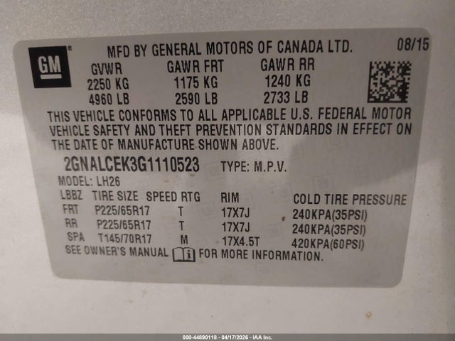 Продажа на аукционе авто 2016 Chevrolet Equinox Lt, vin: 2GNALCEK3G1110523, номер лота: 44890118