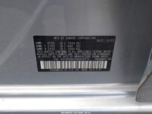 2021 Subaru Impreza Sedan მანქანა იყიდება აუქციონზე, vin: 4S3GKAB6XM3604515, აუქციონის ნომერი: 44890120
