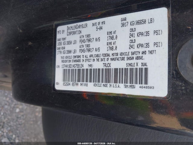 Продажа на аукционе авто 2004 Dodge Ram 1500 Slt/laramie, vin: 1D7HA18D14S759124, номер лота: 44890139