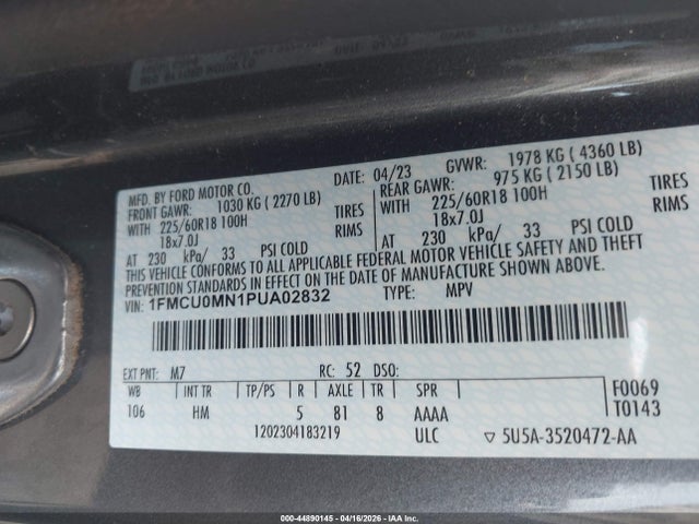 44890145 :رقم المزاد ، 1FMCU0MN1PUA02832 vin ، 2023 Ford Escape St-line مزاد بيع