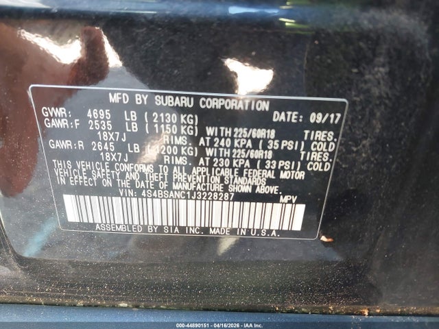 2018 Subaru Outback 2.5i Limited მანქანა იყიდება აუქციონზე, vin: 4S4BSANC1J3228287, აუქციონის ნომერი: 44890151