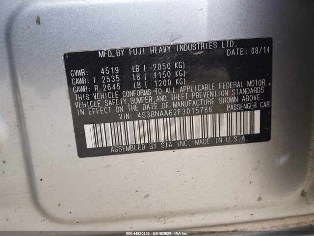 2015 Subaru Legacy 2.5i მანქანა იყიდება აუქციონზე, vin: 4S3BNAA62F3015786, აუქციონის ნომერი: 44890155