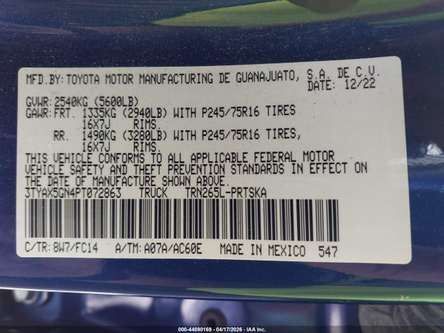 44890169 :رقم المزاد ، 3TYAX5GN4PT072863 vin ، 2023 Toyota Tacoma Sr5 مزاد بيع