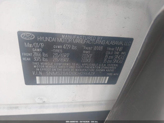 44890193 :رقم المزاد ، 5NMS23AD0KH096429 vin ، 2019 Hyundai Santa Fe Se مزاد بيع