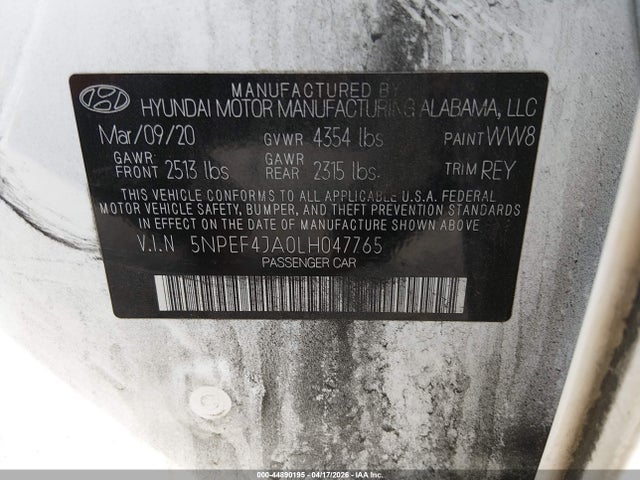 Продажа на аукционе авто 2020 Hyundai Sonata Sel, vin: 5NPEF4JA0LH047765, номер лота: 44890195