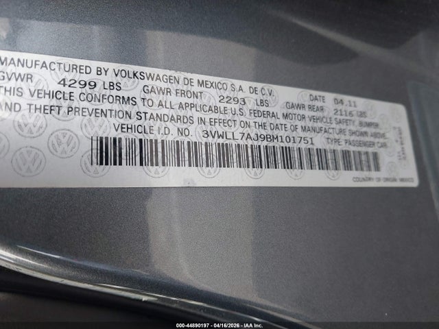 44890197 :رقم المزاد ، 3VWLL7AJ9BM101751 vin ، 2011 Volkswagen Jetta 2.0l Tdi مزاد بيع