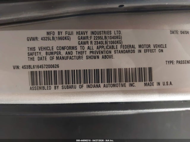 44890218 :رقم المزاد ، 4S3BL616457200626 vin ، 2005 Subaru Legacy 2.5i مزاد بيع