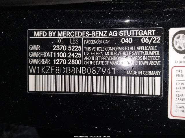Aukcja sprzedaży 2022 Mercedes-benz E 350, vin: W1KZF8DB8NB087941, numer aukcji: 44890219