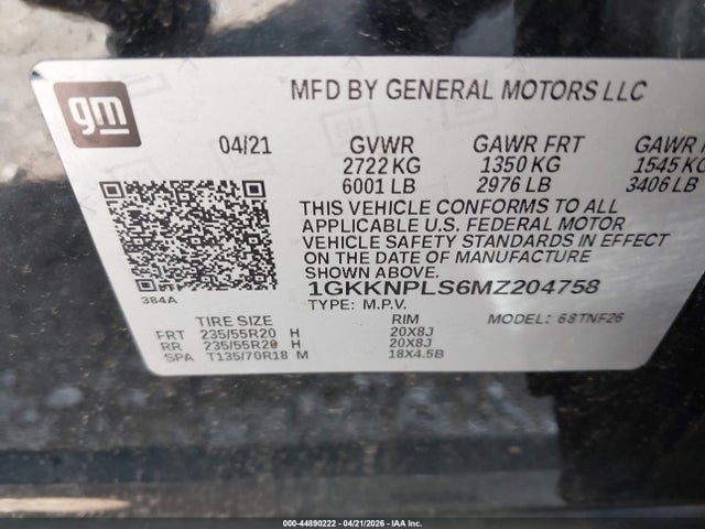 Aukcja sprzedaży 2021 Gmc Acadia Fwd Denali, vin: 1GKKNPLS6MZ204758, numer aukcji: 44890222