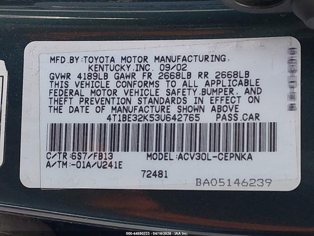 Aukcja sprzedaży 2003 Toyota Camry Le, vin: 4T1BE32K53U642765, numer aukcji: 44890223