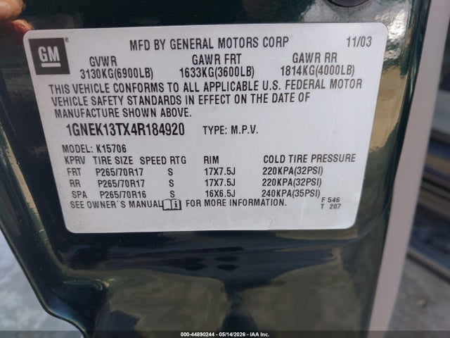 Продажа на аукционе авто 2004 Chevrolet Tahoe Lt, vin: 1GNEK13TX4R184920, номер лота: 44890244