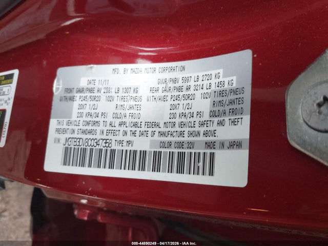 2012 Mazda Cx-9 Grand Touring მანქანა იყიდება აუქციონზე, vin: JM3TB3DV8C0347358, აუქციონის ნომერი: 44890249