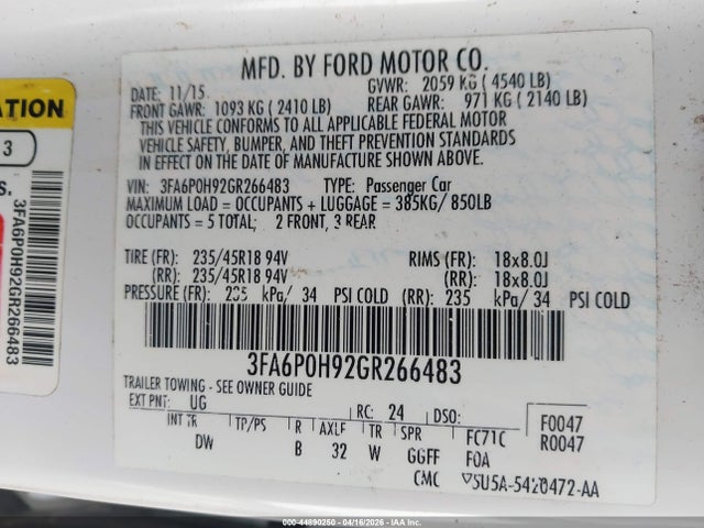 Ford FUSION SE 2016 3FA6P0H92GR266483 Image 9
