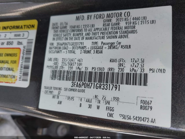 Ford FUSION SE 2016 3FA6P0H71GR331791 Image 9