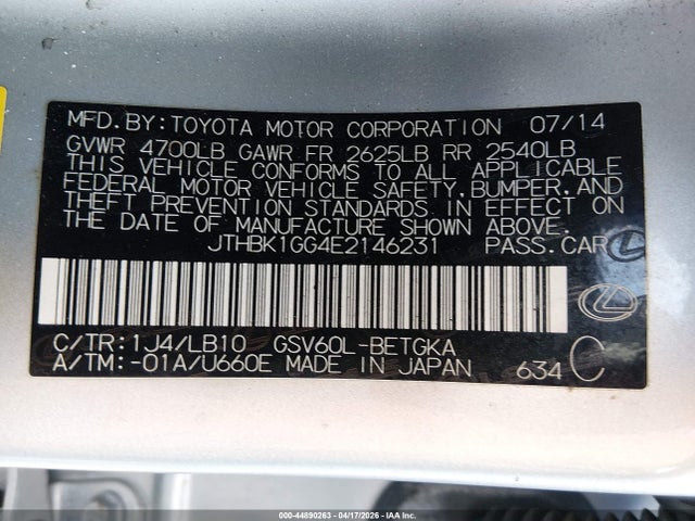 Aukcja sprzedaży 2014 Lexus Es 350, vin: JTHBK1GG4E2146231, numer aukcji: 44890263