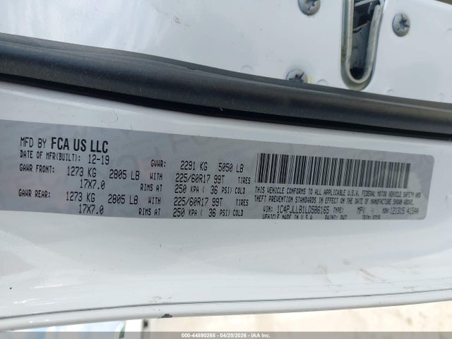 44890268 :رقم المزاد ، 1C4PJLLB1LD586165 vin ، 2020 Jeep Cherokee Latitude Plus Fwd مزاد بيع