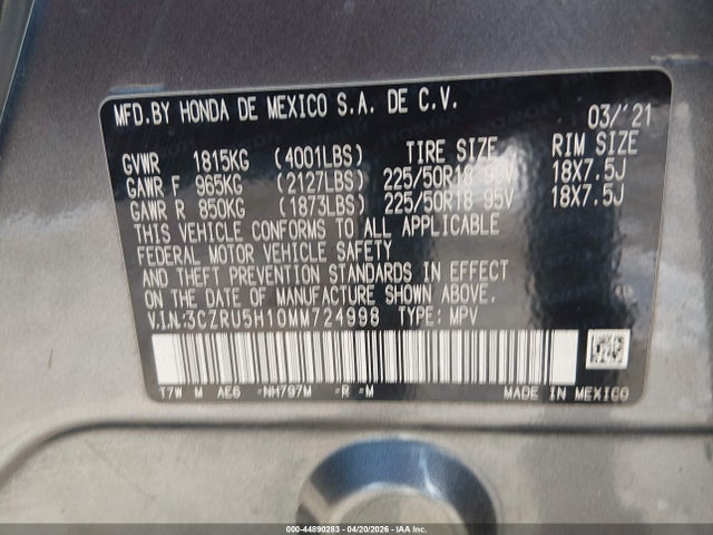 Продажа на аукционе авто 2021 Honda Hr-v 2wd Sport, vin: 3CZRU5H10MM724998, номер лота: 44890283