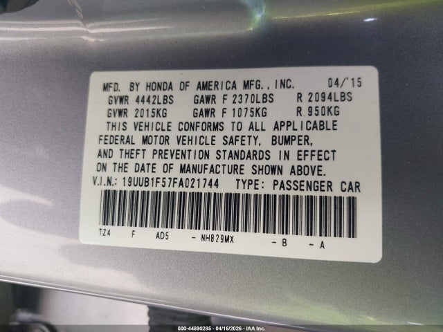 44890285 :رقم المزاد ، 19UUB1F57FA021744 vin ، 2015 Acura Tlx Tech مزاد بيع