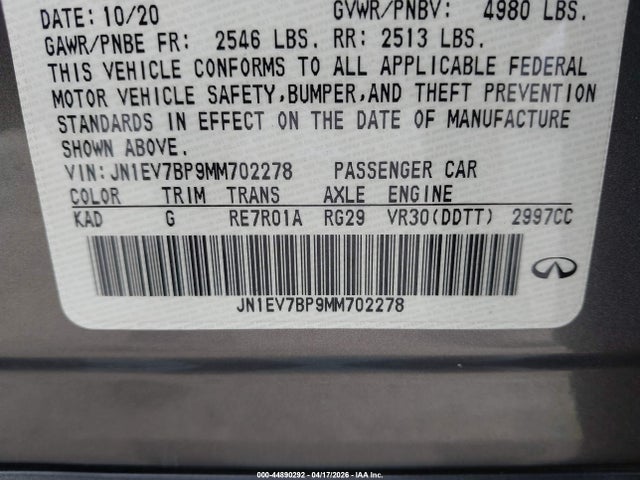 44890292 :رقم المزاد ، JN1EV7BP9MM702278 vin ، 2021 Infiniti Q50 Luxe مزاد بيع