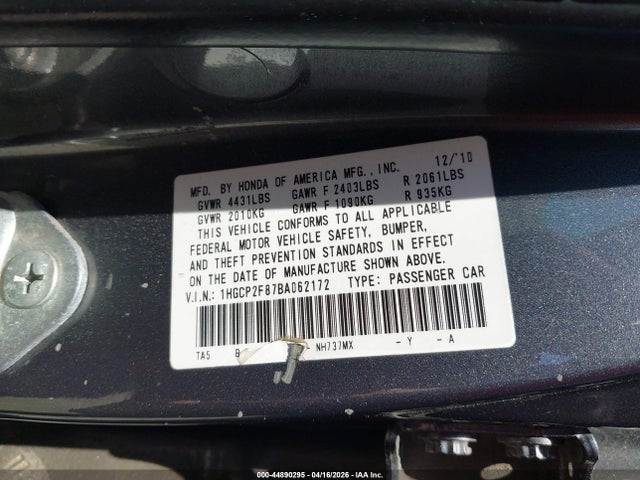 Продажа на аукционе авто 2011 Honda Accord 2.4 Ex-l, vin: 1HGCP2F87BA062172, номер лота: 44890295