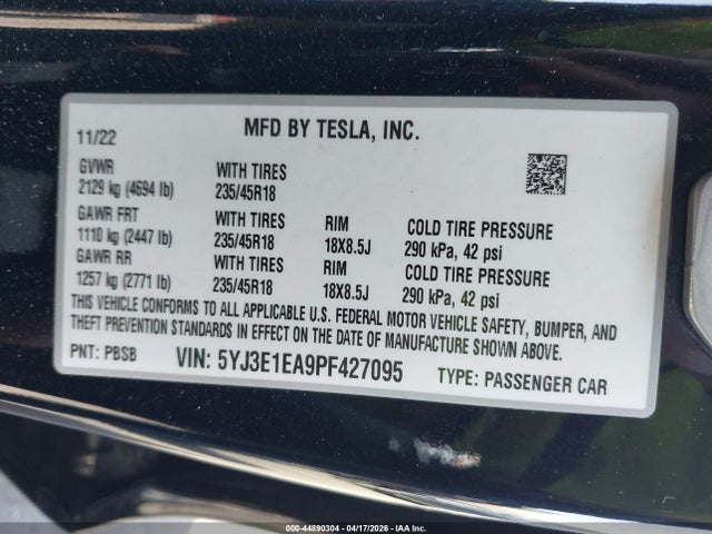 Aukcja sprzedaży 2023 Tesla Model 3 Rear-wheel Drive, vin: 5YJ3E1EA9PF427095, numer aukcji: 44890304