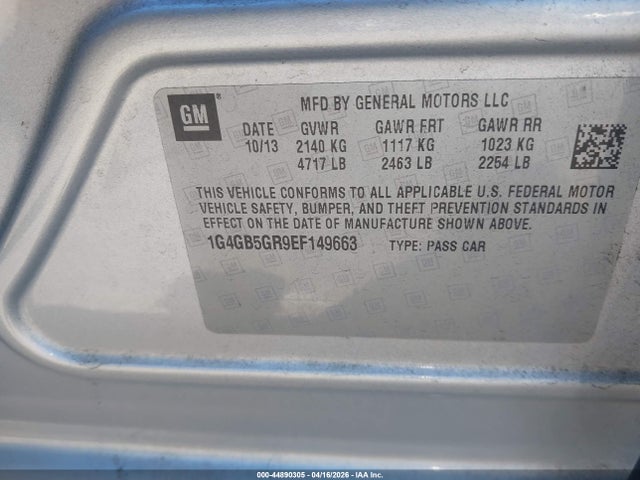 44890305 :رقم المزاد ، 1G4GB5GR9EF149663 vin ، 2014 Buick Lacrosse Leather Group مزاد بيع