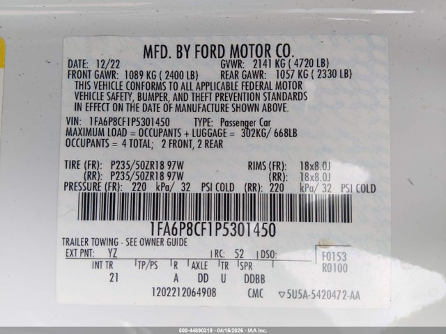 Продаж на аукціоні авто 2023 Ford Mustang Gt Fastback, vin: 1FA6P8CF1P5301450, номер лоту: 44890319