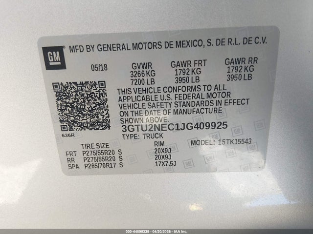 Продажа на аукционе авто 2018 Gmc Sierra 1500 Slt, vin: 3GTU2NEC1JG409925, номер лота: 44890335