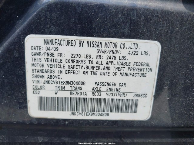 44890354 :رقم المزاد ، JNKCV61EX9M304808 vin ، 2009 Infiniti G37 Journey مزاد بيع