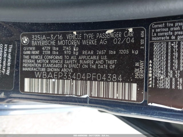 Продажа на аукционе авто 2004 Bmw 325xit, vin: WBAEP33404PF04384, номер лота: 44890368
