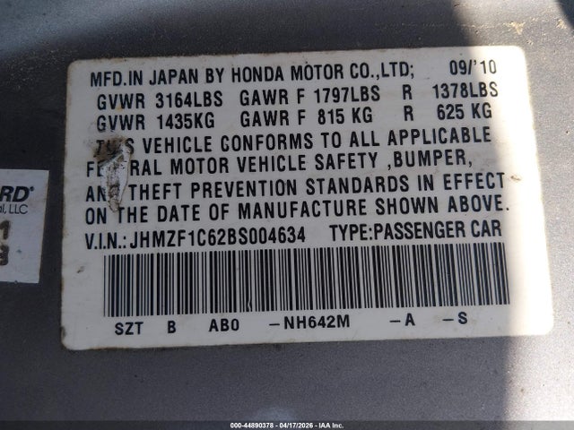 Продажа на аукционе авто 2011 Honda Cr-z Ex, vin: JHMZF1C62BS004634, номер лота: 44890378