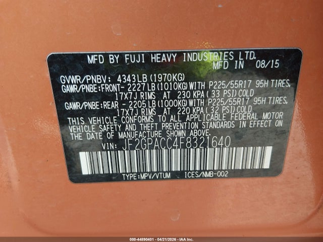44890401 :رقم المزاد ، JF2GPACC4F8321640 vin ، 2015 Subaru Xv Crosstrek 2.0i Premium مزاد بيع