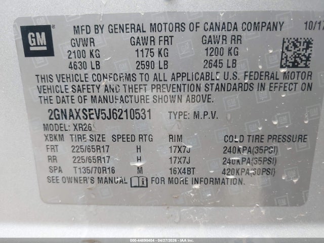 Продаж на аукціоні авто 2018 Chevrolet Equinox Lt, vin: 2GNAXSEV5J6210531, номер лоту: 44890404
