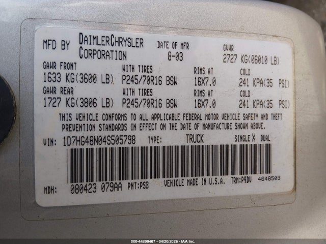 44890407 :رقم المزاد ، 1D7HG48N04S505798 vin ، 2004 Dodge Dakota Slt مزاد بيع