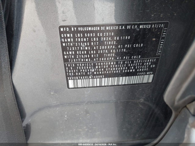 Продаж на аукціоні авто 2020 Volkswagen Tiguan 2.0t Se/2.0t Se R-line Black/2.0t Sel, vin: 3VV2B7AXXLM149963, номер лоту: 44890416