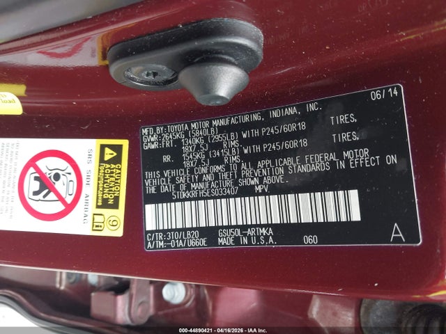 44890421 :رقم المزاد ، 5TDKKRFH5ES033407 vin ، 2014 Toyota Highlander Xle V6 مزاد بيع