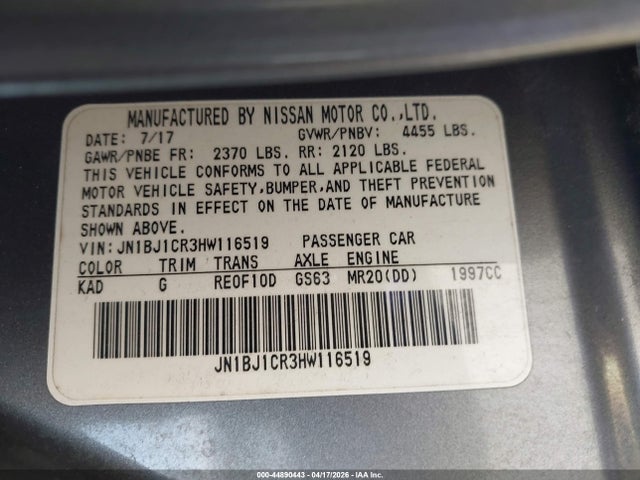 2017 Nissan Rogue Sport Sl მანქანა იყიდება აუქციონზე, vin: JN1BJ1CR3HW116519, აუქციონის ნომერი: 44890443