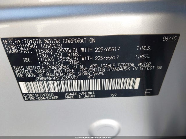 JTMBFREV4FJ035692 Toyota RAV4 LE