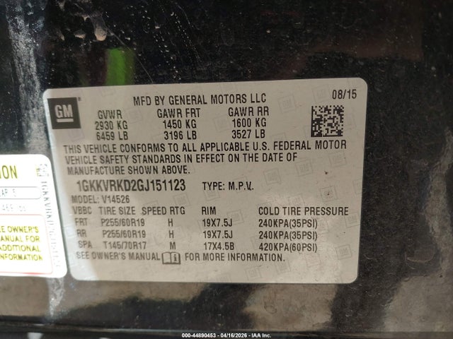 Продаж на аукціоні авто 2016 Gmc Acadia Slt-1, vin: 1GKKVRKD2GJ151123, номер лоту: 44890453