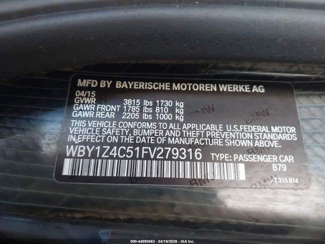WBY1Z4C51FV279316 BMW I3 Base W/range Extender